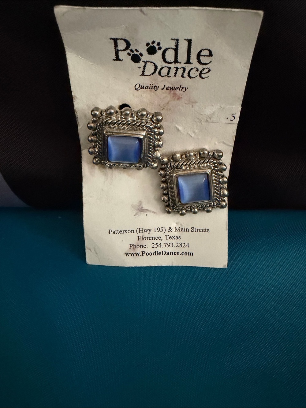 Poodle Dance Silver-Tone Blue Square Vintage Earrings